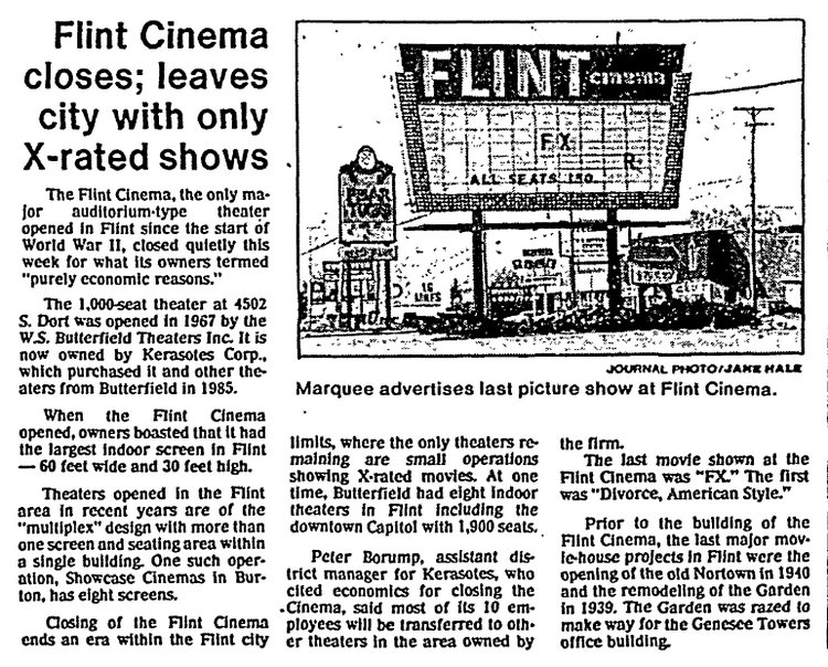 Flint Cinema - 1986 ARTICLE ON CLOSING
